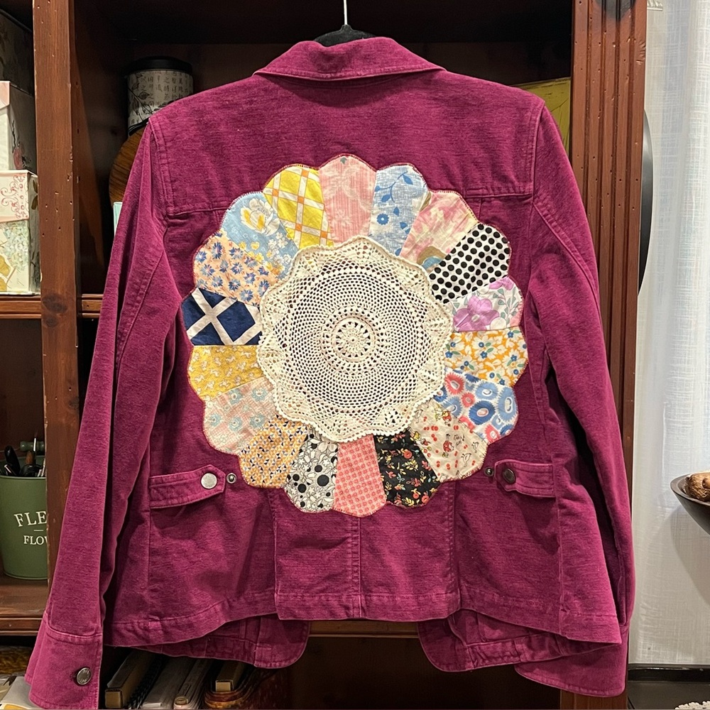 Up-cycled J. Jill Deep Plum Jacket, with Vintage Patchwork & Crocheted Lace Sz M